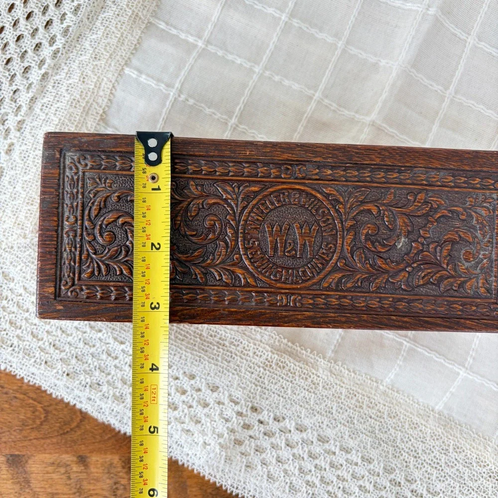 Antique Wheeler & Wilson Sewing Machine Carved Wood Accessory Box W&W Logo Decor